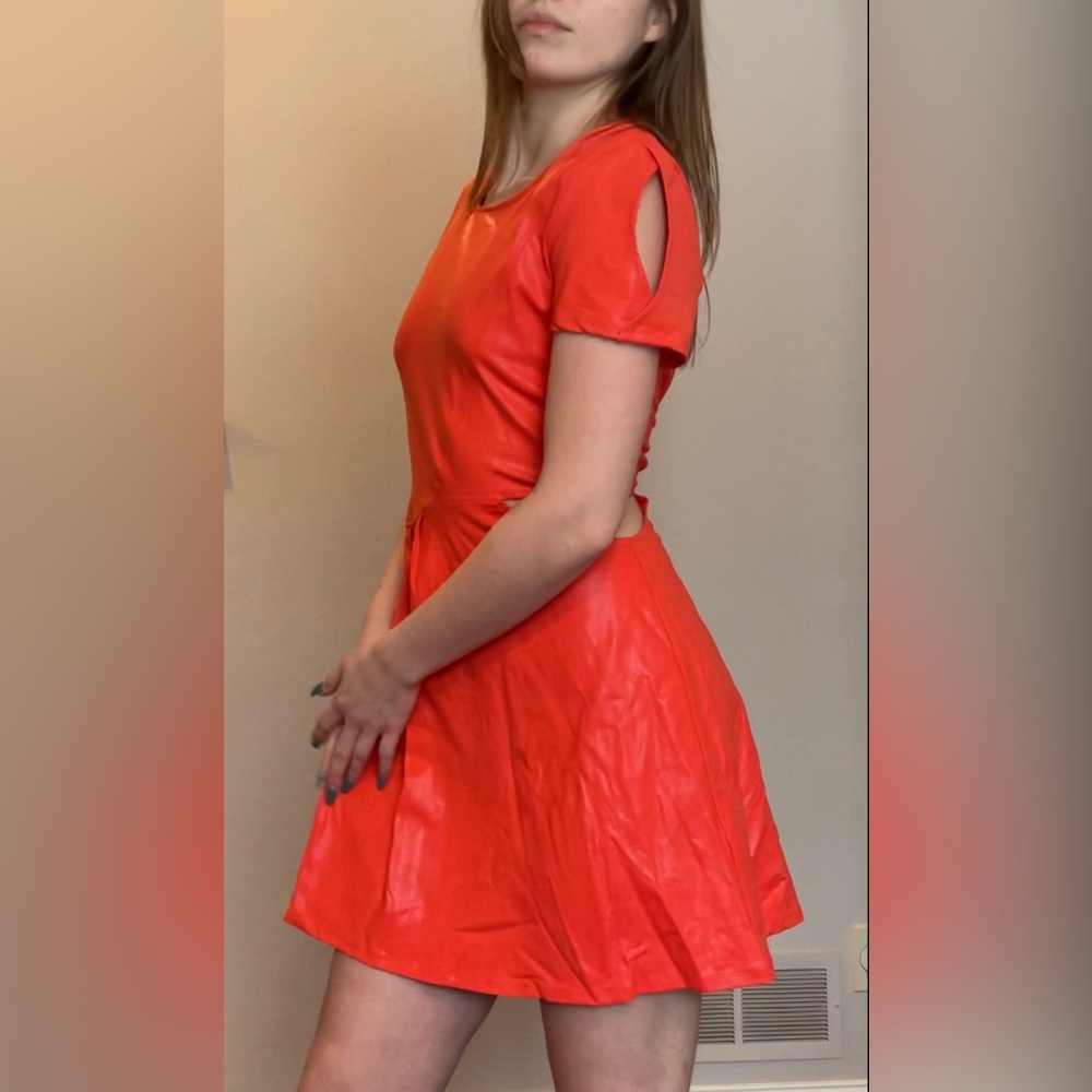 Orange Metallic Short Peekaboo Sleeve Cut-Out Dress